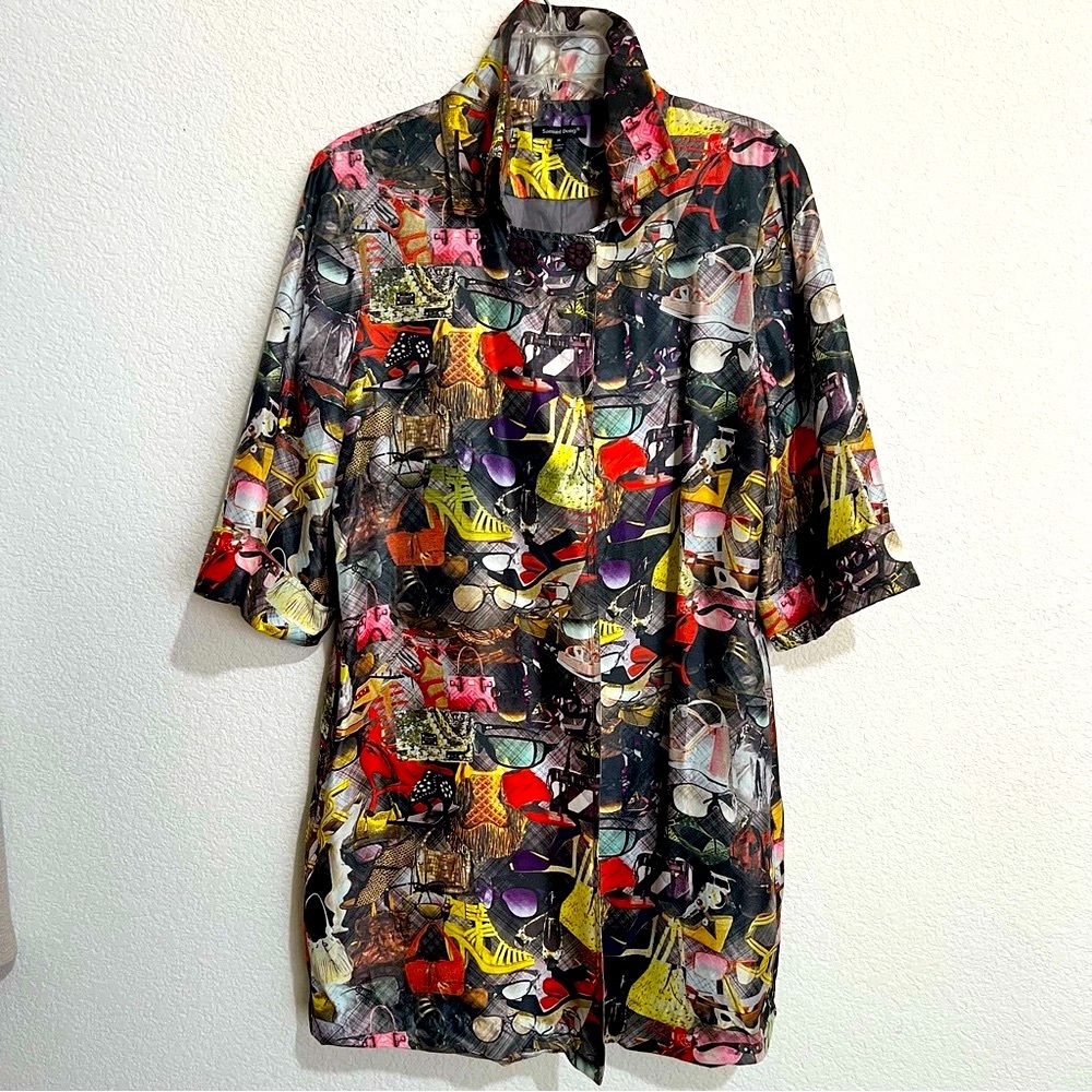 Samuel Dong Silk Multi Color Vogue Print Coat Dress Pockets 3/4 Sleeve Medium